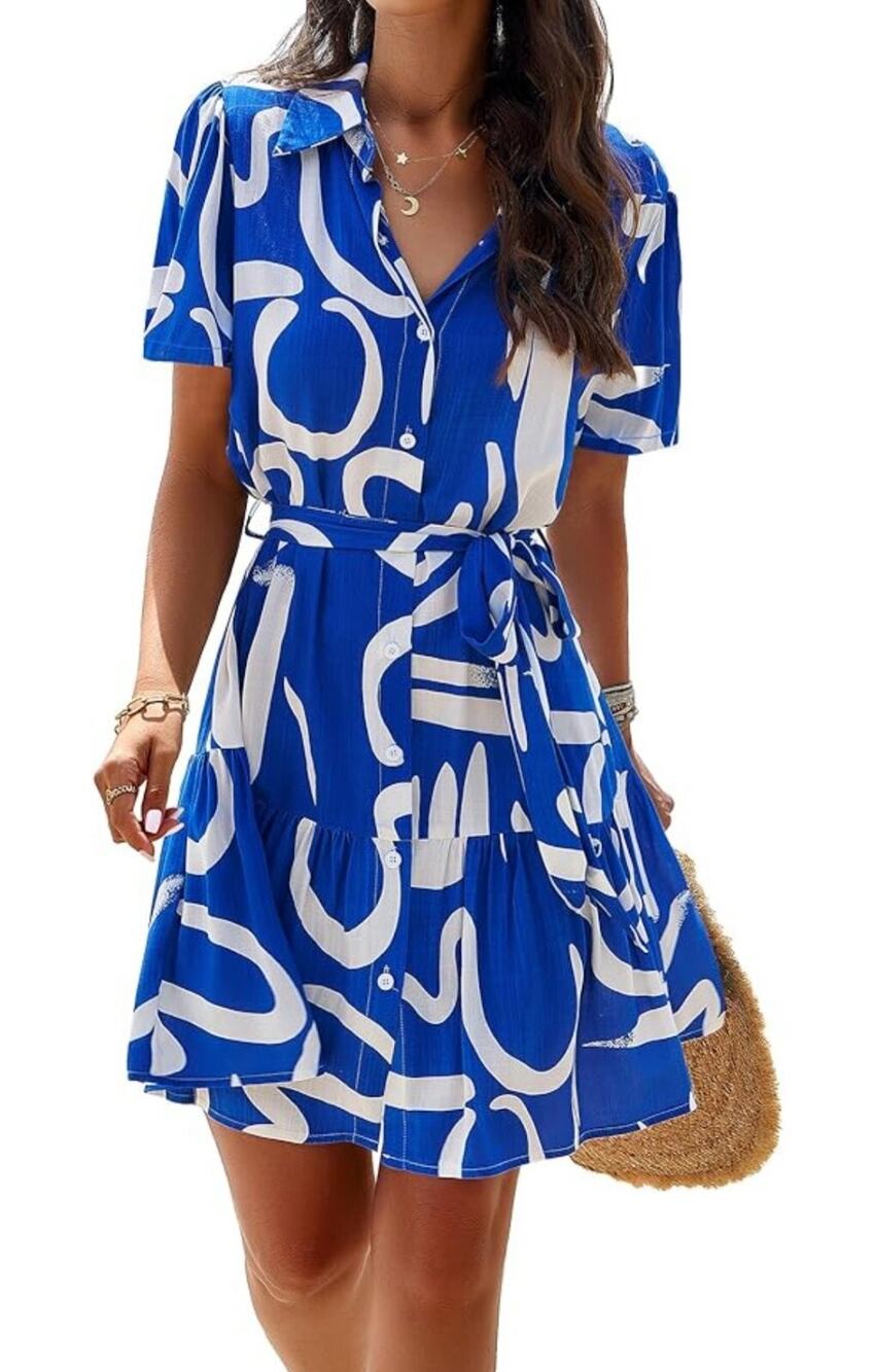 BROVAVE Women Casual Shirt Dress Short Sleeve V Neck Tie Waist Button Down Large